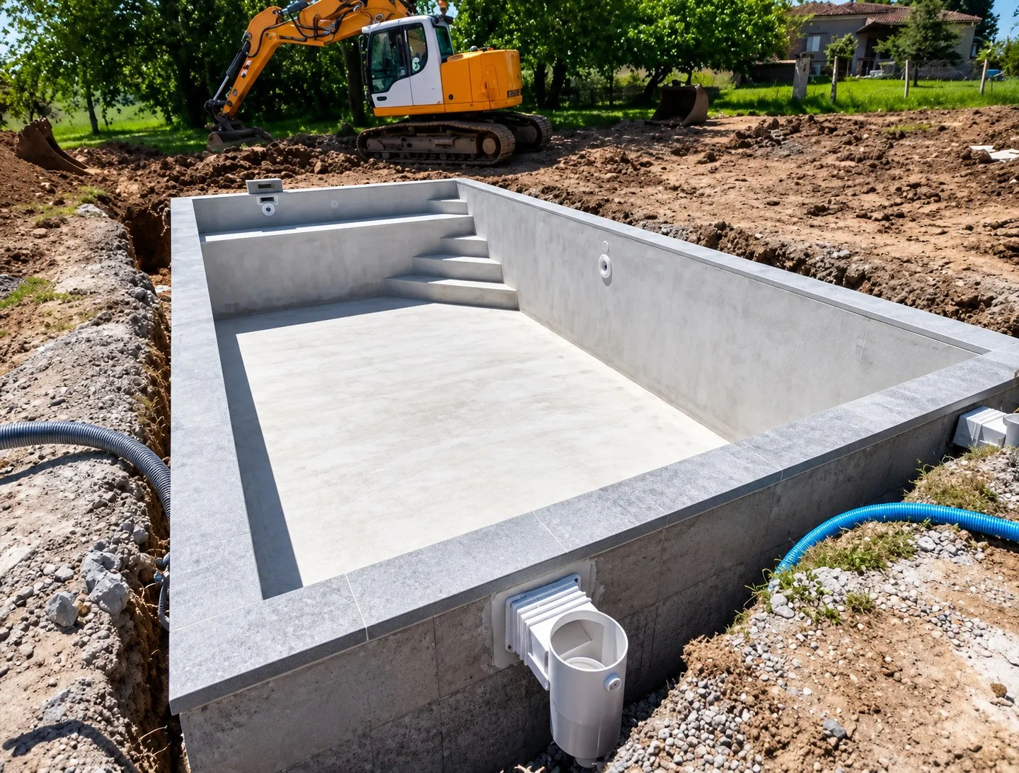 Bassin en béton terminé avec escalier et skimmer, pelleteuse en arrière-plan