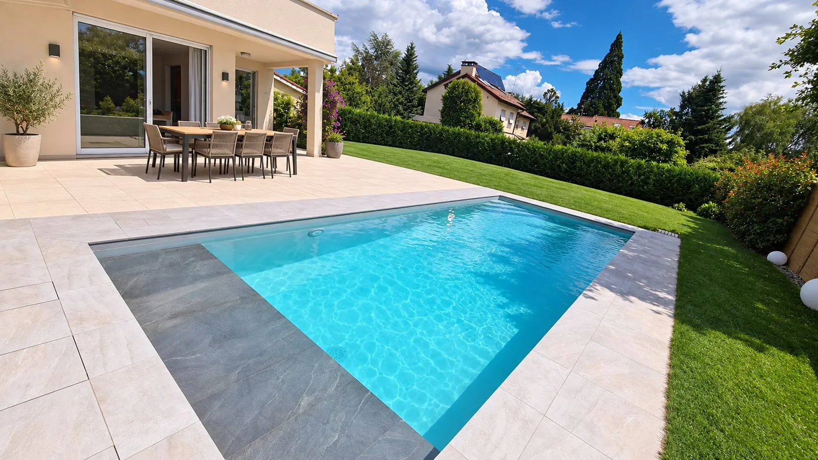 Piscine avec plage en dalles claires, terrasse et pelouse